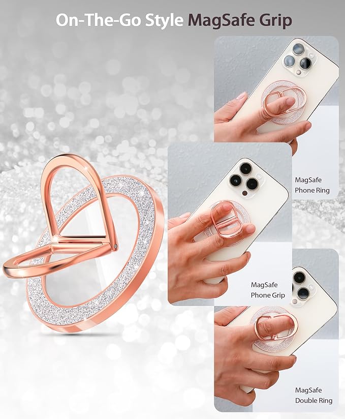 Magnetic Phone Grip | Phone Ring Holder | Stylish Twinkle Transparent with Phone Ring Holder for iPhone, Mag Safe Phone Ring Grip for iPhone & Android, Rosegold