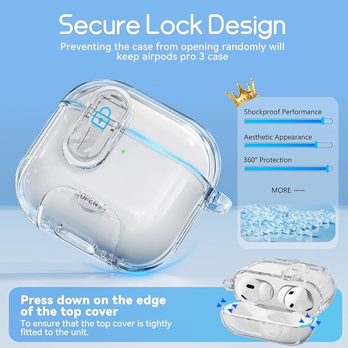 Clear Case for AirPods Pro 3 Case Cover with Safety Lock,Soft TPU Cover with Phone Stand & Cleaning Kit,Cute Bling Keychain for Women Girls-Clear White