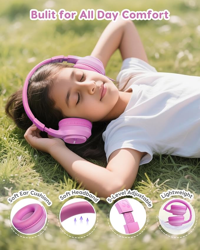 Kids Headphones, 74/85/94dB Volume Limiter, Foldable Wired Over Ear Headphones for Travel, 3.5mm Jack, Toddler Headphones for School, Chromebook, iPad, Tablet, Pink