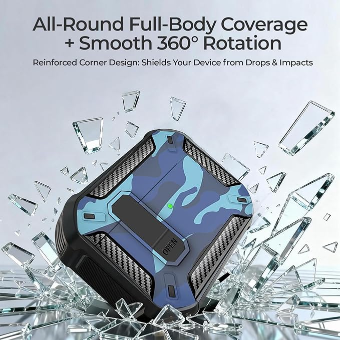 for AirPods 4 Case 2024 with Secure Lock Clip - Military-Grade Drop Protection AirPods 4th Generation Case, Carbon Fiber Shockproof Cover, Automatic Pop-up & Carabiner Hook, Camo Blue
