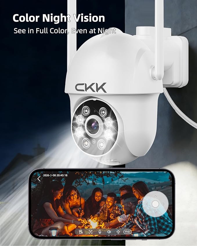 CKK 2K Security Cameras Outdoor 2Pack, 2.4G/5G Wireless Home Security Cameras, 360 PTZ, PIR Motion Detection, Color Night Vision, 2-Way Talk, Waterproof, Audible & Floodlight Alarm, Works with Alexa