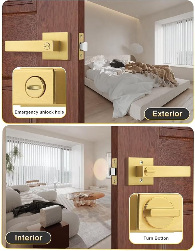 10 Pack Heavy Duty Gold Square Privacy Interior Door Levers, Satin Brass Finish, Bedroom and Bathroom Door Handles Keyless Bed/Bath Lockset