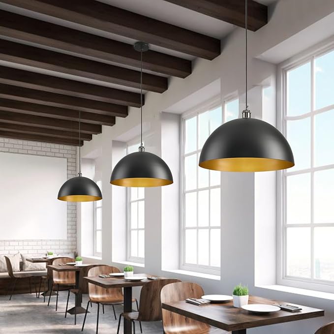 Black Dome Pendant Lights Kitchen Island, 17.72 Inch Black and Gold Pendant Light, Large Vintage Industrial Metal Farmhouse Pendant Light Fixture for Kitchen Island, Dining Room, Cafe, Bar, 2 Pack