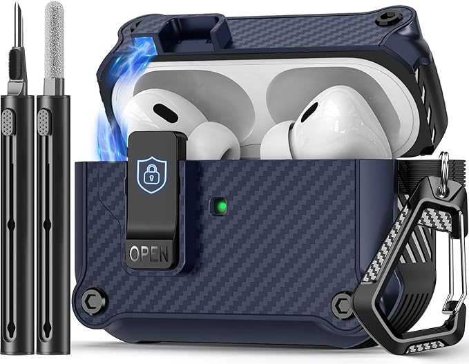 Compatible with AirPods Pro 2nd/1st Case,Magnetic Automatic Lock with Cleaning Kit,Compatible with Magsafe,Carbon Fiber Texture Cover -Blue