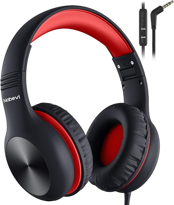 Headphones for Kids for School, Kids Headphones with Microphone, Sharing Function, 85dB/94dB Safe Volume Limit, HD Sound, Over Ear Kid Headphone for School, On-line Study, Travel, Red
