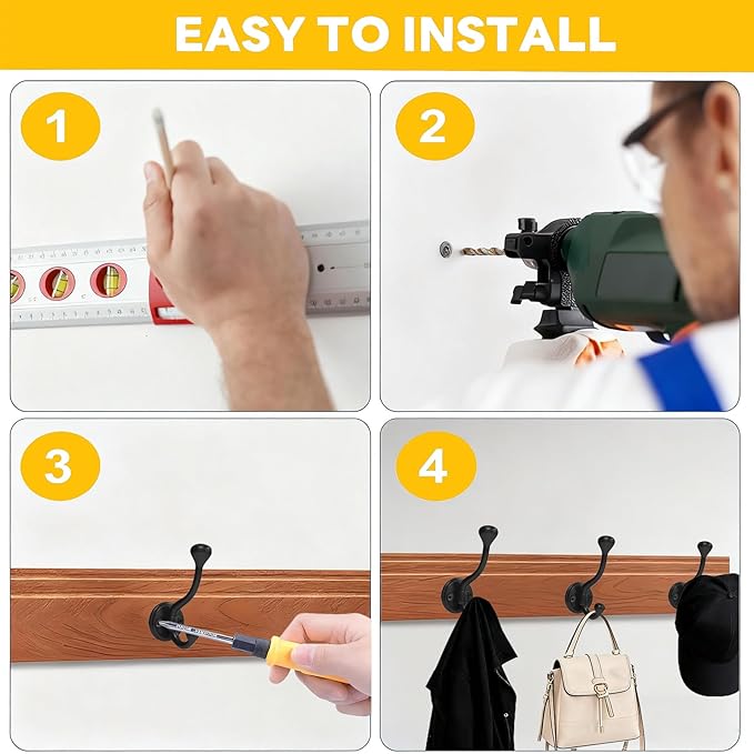 8 Pack Wall Hooks for Hanging, Heavy Duty Coat Hook Wall Mount, Easy to Install Metal Closet Hooks, Apply to Bathrooms, Bedrooms, Living Rooms, Entrances (Black)