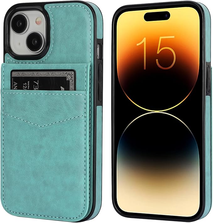 KIHUWEY Compatible with 15 Case Wallet with Credit Card Holder, Flip Premium Leather Magnetic Clasp Kickstand Heavy Duty Protective Cover for 15 6.1 Inch (Mint Green)