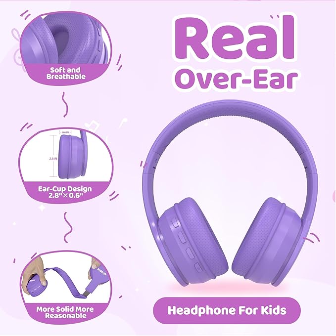 MIDOLA Kids Headphones Bluetooth 5.4 Wireless 68H Play Time Volume Limit 85/94dB Over-Ear Foldable Headset,Type-C Fast Charging,Wired Aux Mic for Toddler Child Pad Tablet Light Purple
