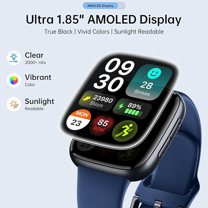Smart Watches for Men Women, 1.85" HD AMOLED Display, 2 Bands Included, Works with iPhone & Android, 12-Day Battery, 3ATM Waterproof, Bluetooth Call, Health & Fitness Tracker, Dark-Blue