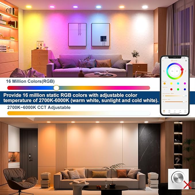 Smart Recessed Lighting 6 Inch RGBCW Color Changing 16W LED Downlight with Junction Box,1350 Lumen Recessed Ceiling Light Compatible with Alexa,Dimmable by Bluetooth Control -1Pack