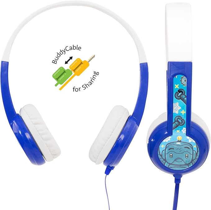 BuddyPhones Discover, Volume-Limiting Kids Headphones, Comfortable and Durable, Built-in Audio Sharing Cable, Compatible with Fire, iPad, iPhone, and Android Devices, Blue