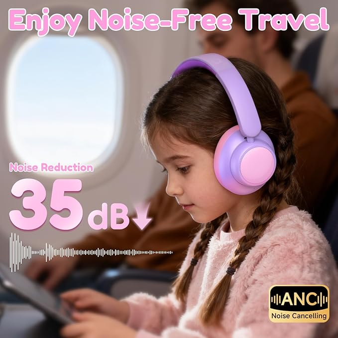Active Kids Noise Cancelling Headphones, 60H Play Time Kids Bluetooth Headphones, Volume Limited, Bluetooth 6.0, USB C Charging, Headphones for iPad Tablet Airplane,Gradient Pink