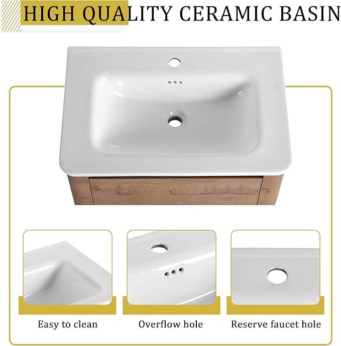 Wall-Mounted Bathroom Sink Vanity Set with White Ceramic Sink and Soft-Close Doors with Side Cabinet. (28'')