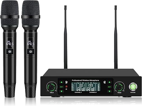Professional Wireless Microphone System, 500ft Long Range 2.4G Cordless Mic Set with 40H Playtime, Dynamic Microphones Memory Function for Karaoke Singing, DJ, Church, Party, Wedding