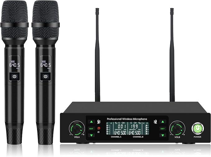 Professional Wireless Microphone System, 500ft Long Range 2.4G Cordless Mic Set with 40H Playtime, Dynamic Microphones Memory Function for Karaoke Singing, DJ, Church, Party, Wedding