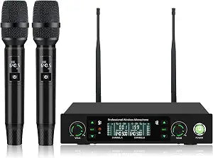 Professional Wireless Microphone System, 500ft Long Range 2.4G Cordless Mic Set with 40H Playtime, Dynamic Microphones Memory Function for Karaoke Singing, DJ, Church, Party, Wedding