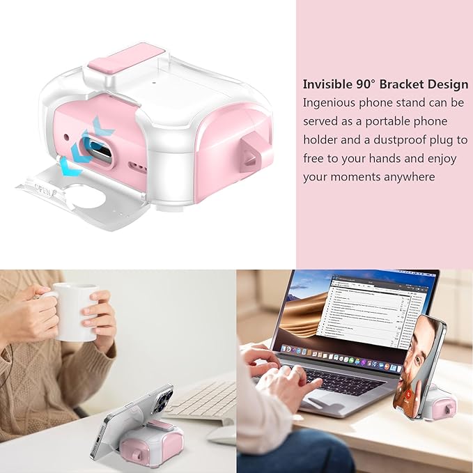 for Airpods Pro 3 Case,Safety Lock&Phone Stand for Airpods Pro 3rd Generation Case Cover,Magsafe Compatible,Auto Pop-up,Military-Grade Protection Design with Carabiner&Cleaning Pen-Pink+White