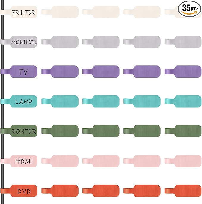 Trilancer Cable Cord Labels Large Size, for Organizing Wires and Identification, Multicolored Handwriting Cable Tags, Reusable with Multiple Uses - 35 PCS