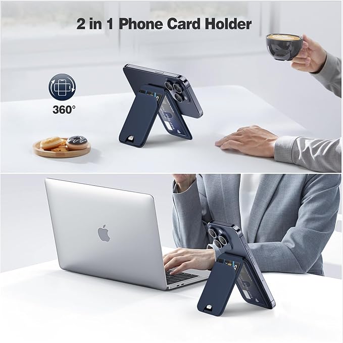 Magnetic Wallet for iPhone - Mag-Safe Wallet Lightweight Magnetic Phone Stand Adjustable Leather Card Holder for iPhone 17/16/15/14/13/12 Series, Not for Mini (Dark Blue)