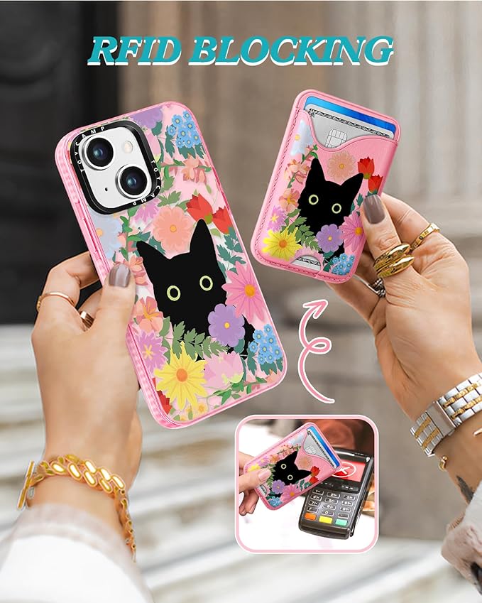 Toycamp for iPhone 14 Plus Case - Compatible with Magsafe Credit Card Holder Wallet Magnetic Cute Women Teen Girls Kawaii Girly Unique Cat Flower Design Phone Cover for iPhone 14 Plus
