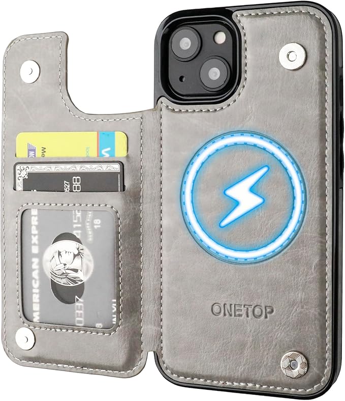 ONETOP Compatible with Magsafe for iPhone 13 Wallet Case with Card Holder, PU Leather Kickstand RFID Blocking Case, Double Magnetic Clasp and Durable Shockproof Cover 6.1 Inch (Grey)