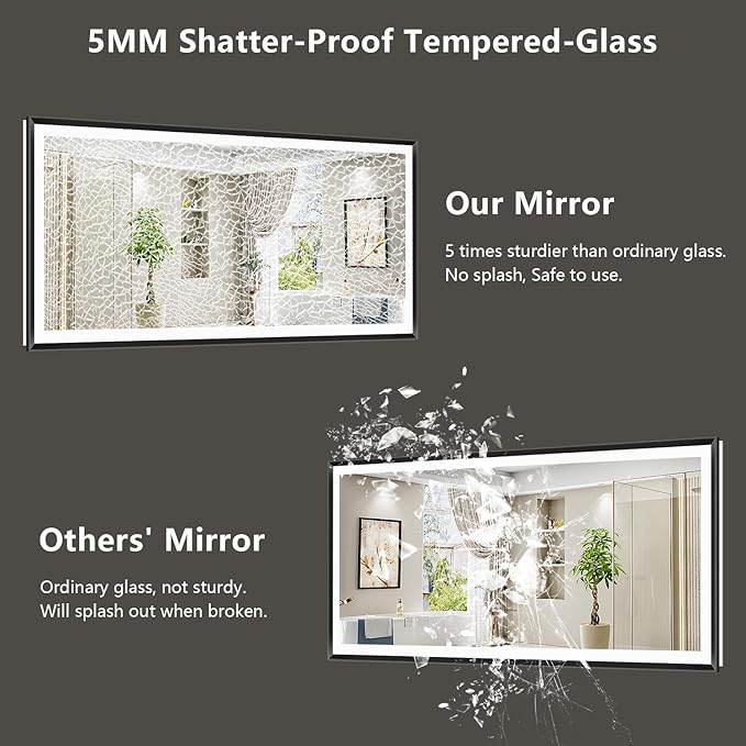 72x36 Black Framed LED Bathroom Mirror with Lights, Backlit and Front Light, Lighted Bathroom Vanity Mirror for Wall Dimmable Anti-Fog Memory Tempered Glass Horizontal/Vertical