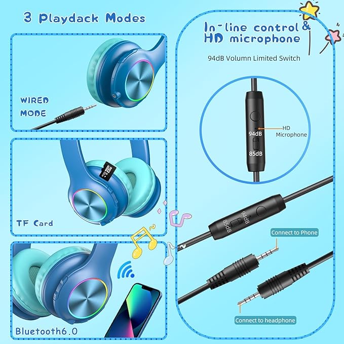 Kids Bluetooth 6.0 Headphones with LED Light, 85Hours Playtimes, Type-C Fast Charging, 85/94dB Volume Limited, Comfort Wireless Headphones with Built-in Mic, Wired & TF Card Mode, Blue