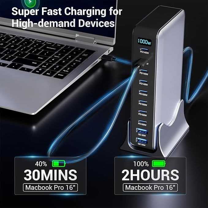 1000W USB C Charging Station, 10-Port USB C Desktop Charger, PD 140W PD 100W QC 20W GaN IV Fast USB Charging Hub for MacBook, Ipad, iPhone, Samsung