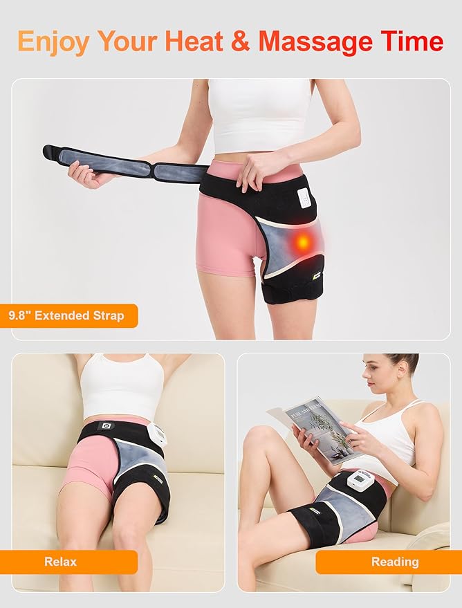 CAMECO 2-in-1 Cordless Hip Heating Pad with Massage for Sciatica Pain Relief, 5000mAh Battery & 104℉-140℉ Heated Hip Brace for Women Men Arthritis, Rechargeable Hip Massager Heat Pad for Home Office
