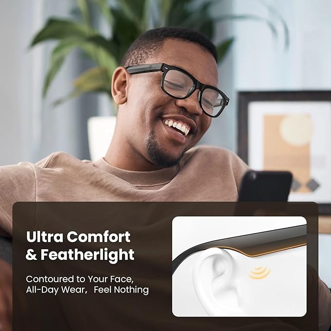 EH95 LLC WeariQ Bluetooth Smart Glasses with Open Ear Speakers, Hands-Free Voice Control, Built-In Microphone, Blue Light Blocking Safety Lenses, Lightweight Unisex Design