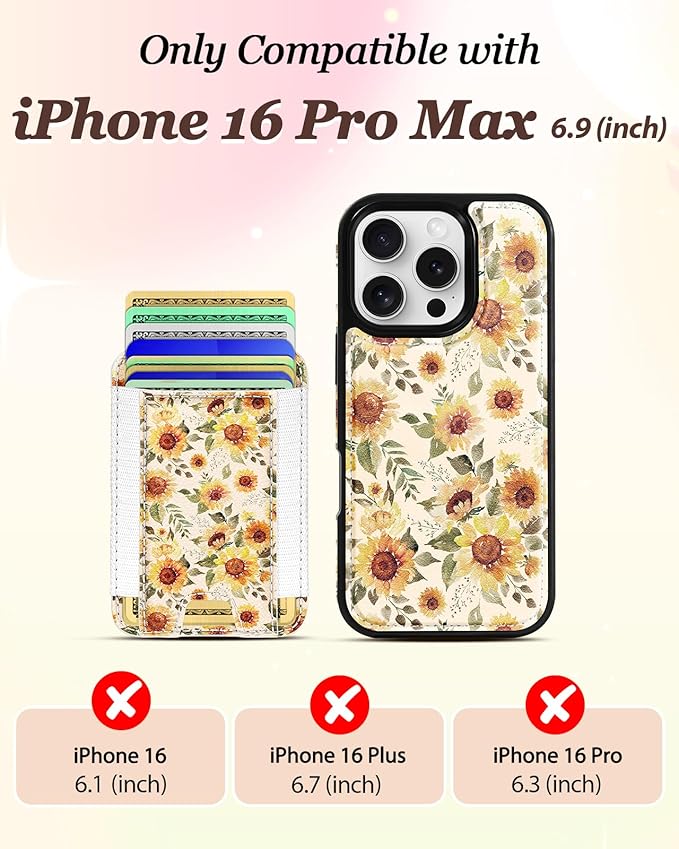 Shorogyt for iPhone 16 Pro Max Case Wallet - Fits 5 Cards, Compatible with Magsafe Detachable Magnetic Credit Card Holder Leather Cardholder Cute Phone Cover Women Girls for Apple 16 ProMax, Sunflower