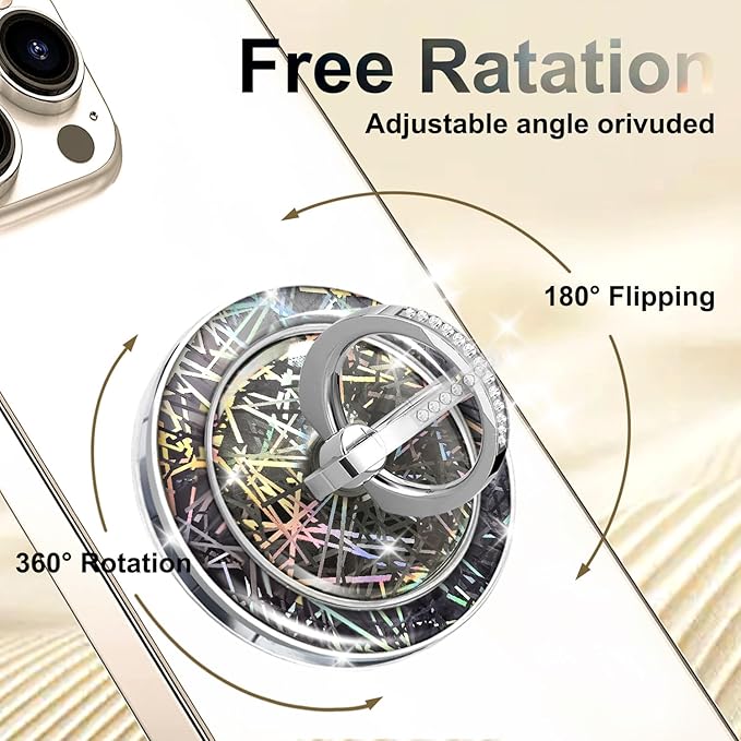 Transparent Magnetic Phone Grip Compatible with MagSafe Phone Ring Holder,360°Adjustable & Removable Silver Star Diamond Laser11 Design Magnet Stand for Phones and Tablets