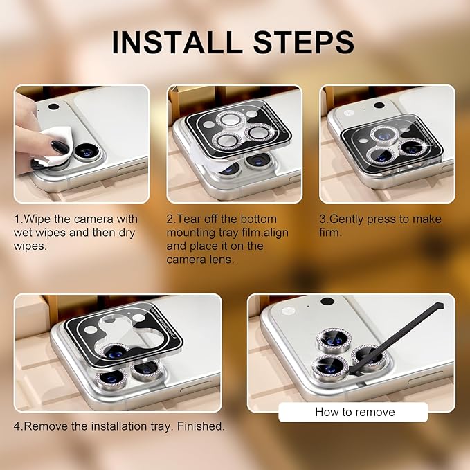 Misea Compatible for iPhone 17 Pro/iPhone 17 Pro Max Camera Lens Protector Bling, 9H Tempered Glass Camera Cover Screen Protector Metal Individual Ring Decoration Accessories, Natural Titanium Diamond