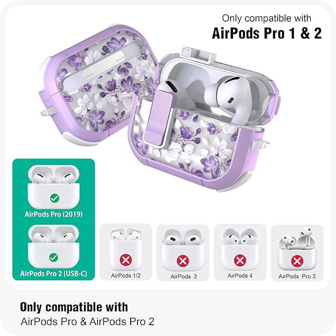 Wenew Case for AirPods Pro & Pro 2 Case Cover Secure Lock Automatic Snap Switch Clip Cleaner Kit Lanyard Women Stylish Armor Full Body Hard Shell Front LED Visible (Purple flower, AirPods Pro & Pro 2)