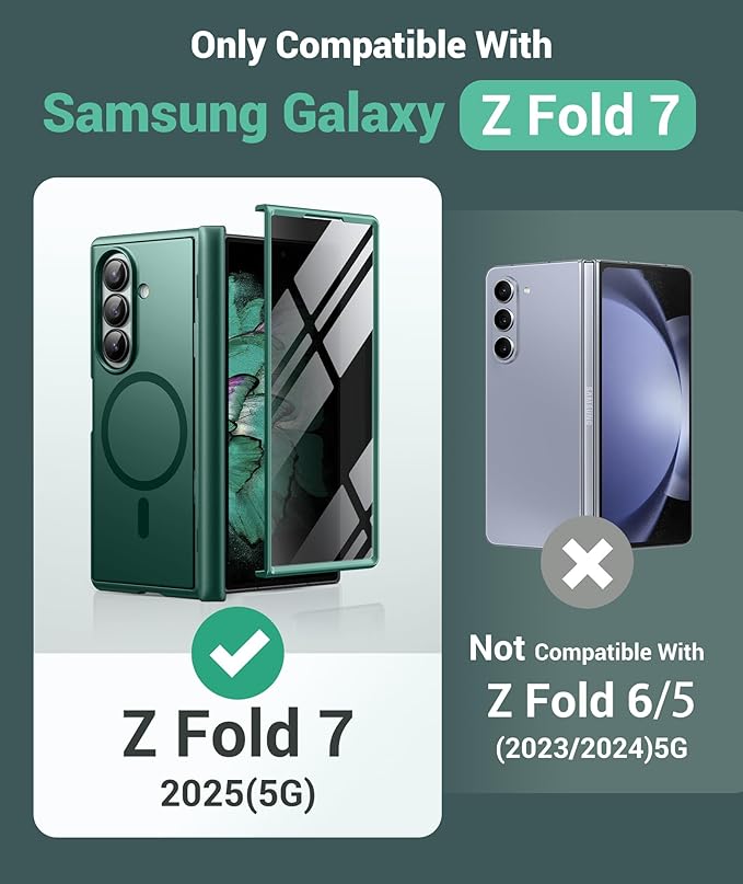 BERFY for Samsung Galaxy Z Fold 7 Case with Privacy Screen Protector, [Compatible with MagSafe][Anti Spy] Built-in Hidden Kickstand, Full-Body Shockproof Slim Phone Case for Z Fold 7, Green