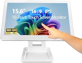 ANGEL POS 15.6 Inch 1920 x 1080 FHD IPS Touchscreen POS Monitor with Metal Stand, 10 Points Touch HDMI VGA, Waterproof Dustproof Screen 1080P, Indusitrial, Office, Retail, Gym, Warehouse (White) - Image 1