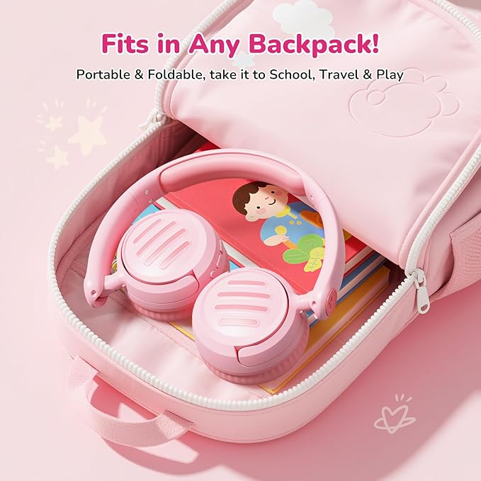 Kids Bluetooth Headphones Wireless On-Ear with USB-C Fast Charge,Microphone & 85dB Volume Limiter,Foldable Lightweight Toddler Headphones with AUX for School Travel (Pink)