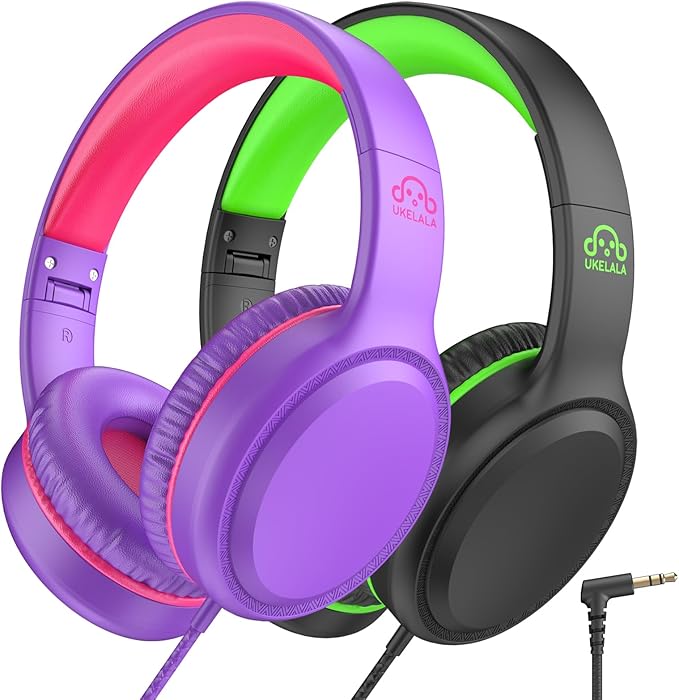 U2 2 Pcs Wired Headphones for Kids Boys Girls, On Ear Youth Headphones for School Airplane Travel, Lightweight Portable Compatible with Tablet Computer Laptop for Adults Student Green & Purple