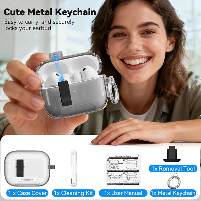 for AirPods Pro 3 Case 2025 with Phone Stand & Secure Lock, Auto-Open Clear Case Cover Compatible with Apple AirPods Pro 3rd Generation with Cleaning Kit & Keychain