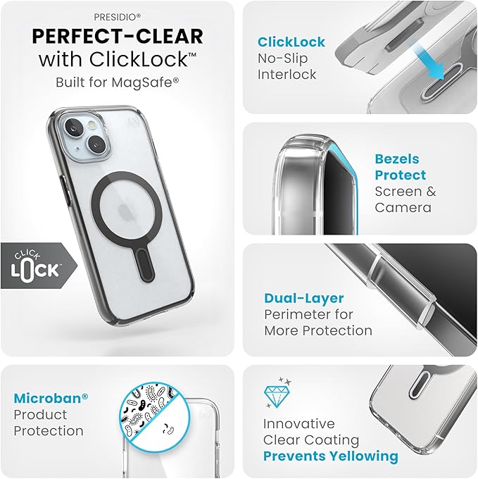 Speck Clear iPhone 17e, 15 Case - ClickLock No-Slip Interlock, Built for MagSafe, Drop Protection - for iPhone 15, 14 & 13 - Anti-Yellowing 6.1 Inch Phone Case - Presidio Clear/Frosted Black