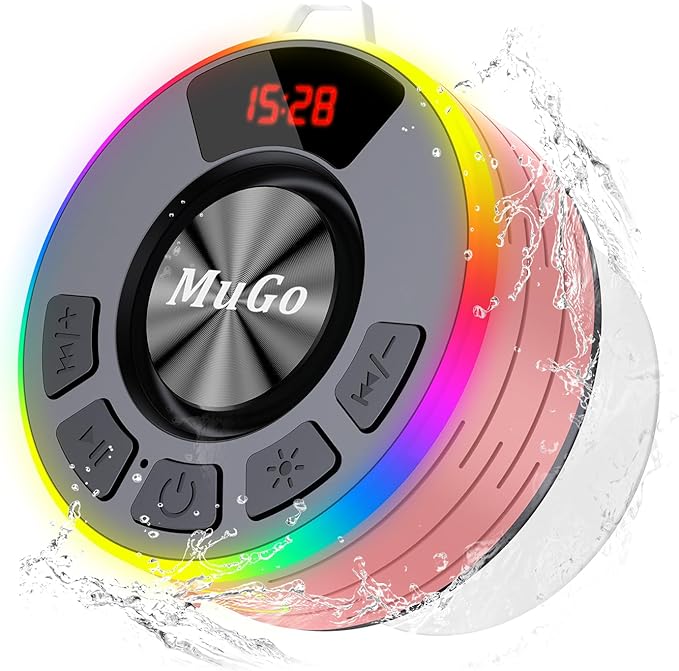 MuGo Shower Bluetooth Speaker Waterproof IPX7, 360° HD Stereo Sound Bathroom Speaker Bluetooth 5.3 with RGB Lights, Suction Cup and Microphone, Mini Shower Radio for Home/Party/Outdoor