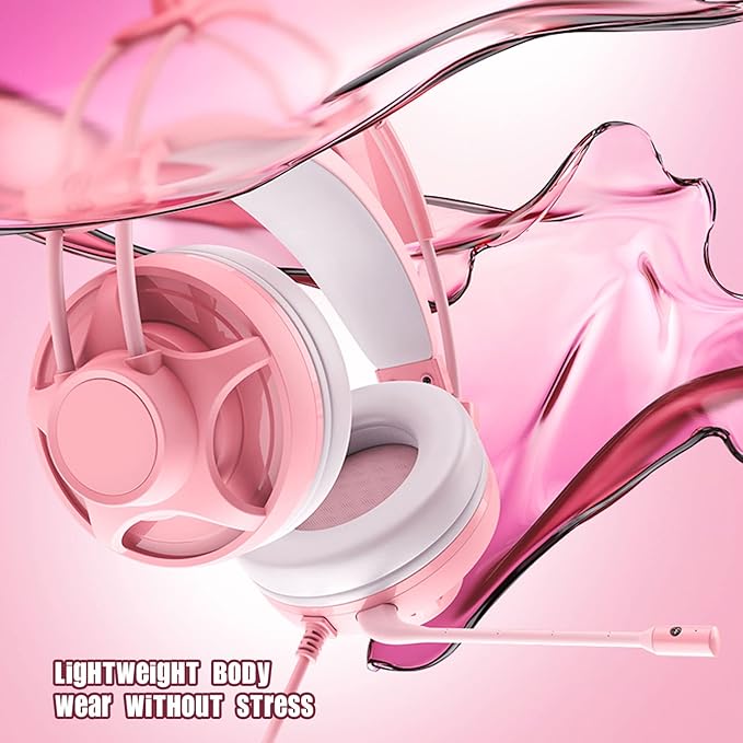 Cute Pink Cat Ears Gaming Headset for, 7.1 Surround Headband Wired Gaming Headset Bass Surround and Noise Cancelling with Mic for Laptop PC Smartphones (Pink)