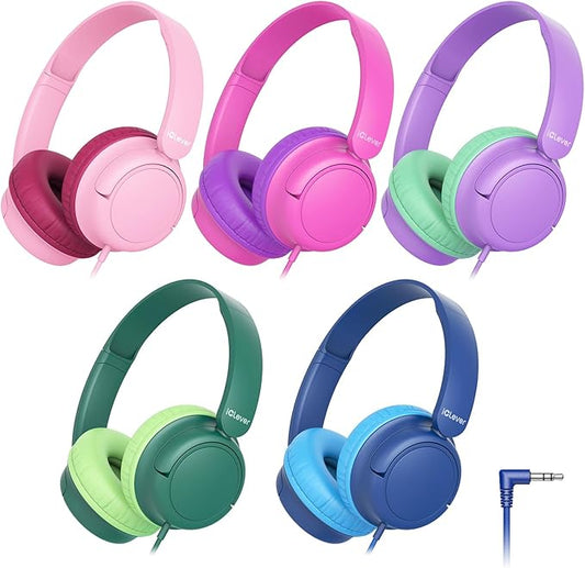 iClever Kids Wired Headphones for School Students K-12 & Teachers, Durable PP Material, Tangle Free, Kids Headphones with Cord Multiple Folding Options Suitable for School/Home/Travel, Bulk 5Pack