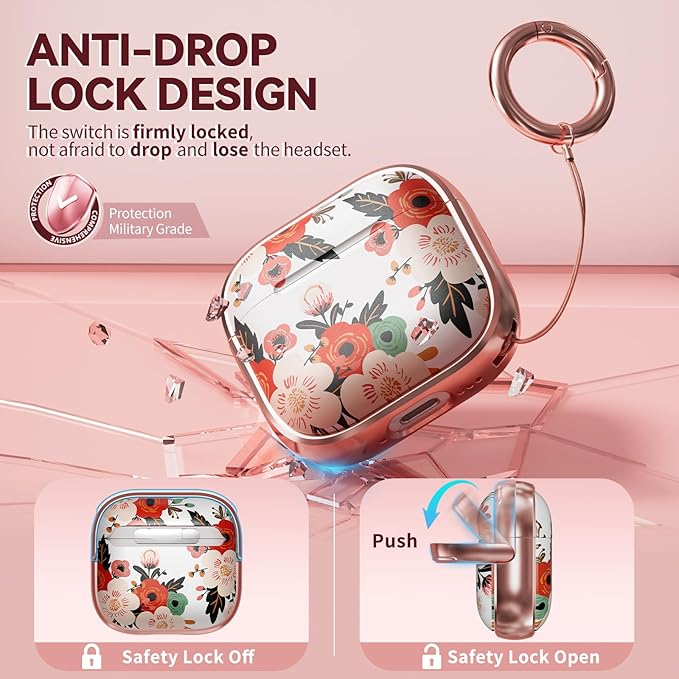 Inesore with Safety Lock for AirPods 4 Case,Clear Floral Cute AirPod 4th Generation Case for Women Girly with Cleaner Kit and Keychain-White Peony