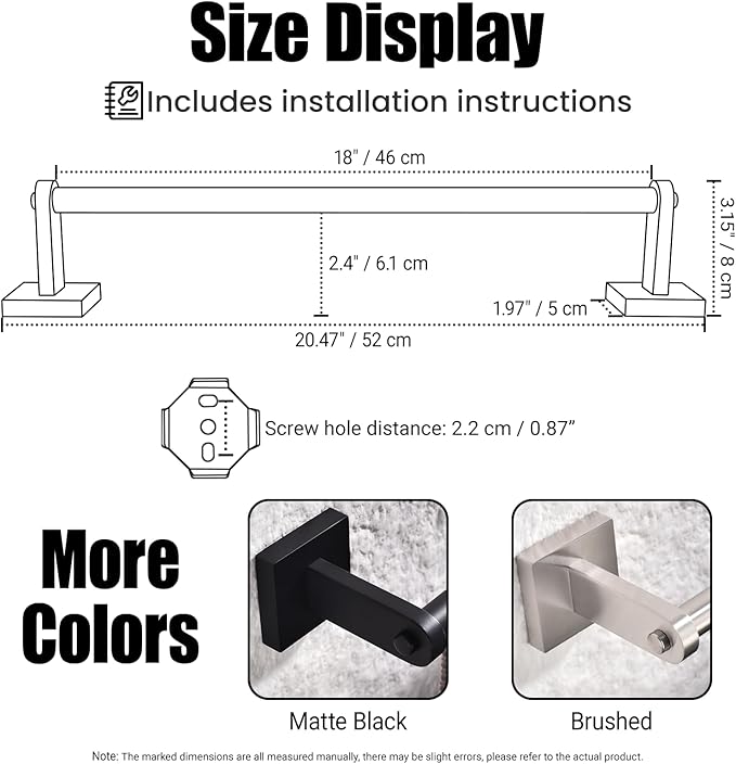 Miyili Bathroom Towel Bar 18-Inch, SUS304 Stainless Steel Wall Mounted Towel Holder, Rustproof Towel Hanger, Single Bar Bathroom Accessories, Polished, 2-Pieces