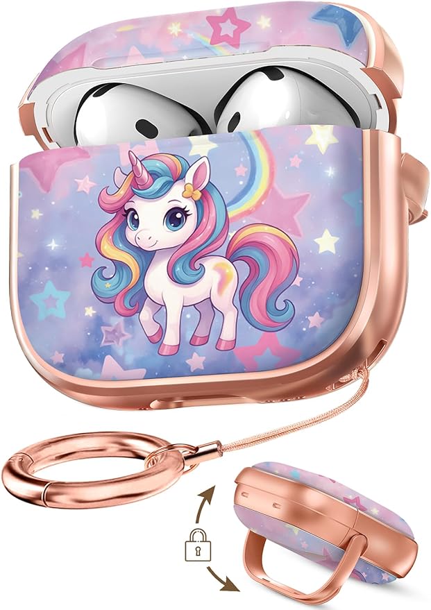 Coralogo for AirPods 4 Case with Safety Lock - Cute Cartoon for Women Girls Fashion Stylish Unicorn Pattern Design Kawaii Girly Girlish Hard Protective Cover for AirPods 4th Generation 2024