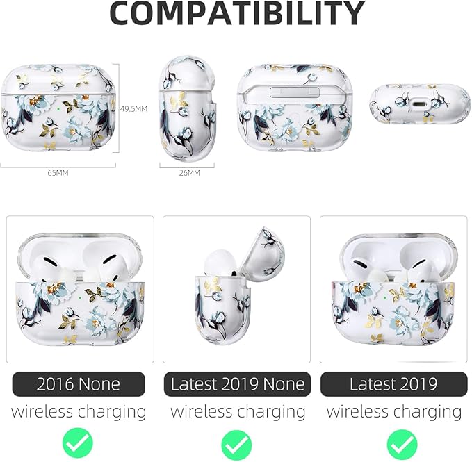 Compatible with Apple Airpods Pro Case for Women, Clear with Designs Patterns Airpods Pro Hard Case PC Shockproof [Front LED Visible ] Anti-Fall Full Protector Cover, Gardenia