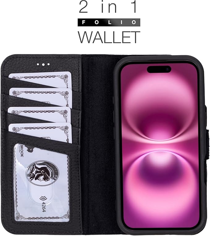 BLACKBROOK Case for iPhone 16 Wallet Case for Men and Women, Carter Full Grain Leather 2-in-1 Set for MagSafe Charging, Cash, ID and 4 Card Slots with RFID, Compatible with iPhone 16