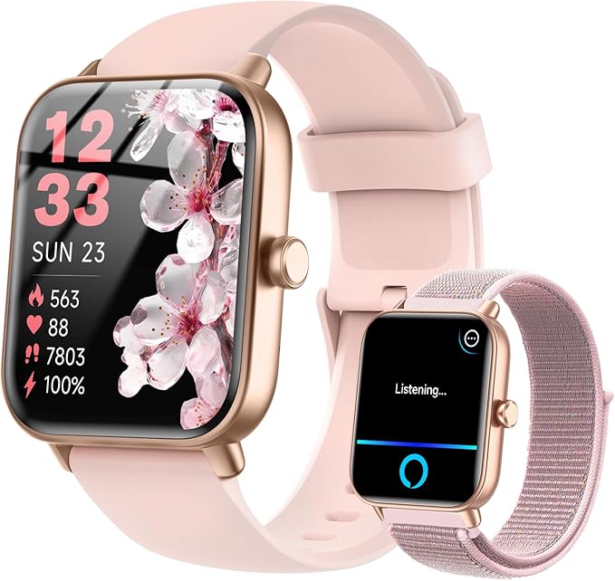 Smart Watches for Women, 1.8 Inches Fitness Tracker with Alexa Built-in & Bluetooth Calling, Compatible with Android iPhone, Waterproof, Heart Rate Sleep Monitor, Includes 2 Bands - Light Pink