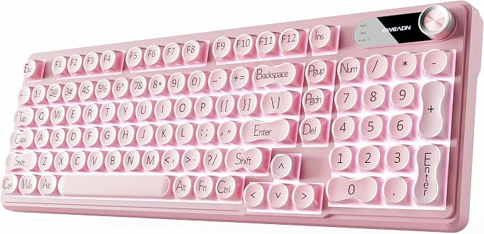 EWEADN V102 Wireless Keyboards, 98 Key Gaming Keyboard with Screen & Media Knob, Custom RGB Backlit, Tri-Mode BT5.0/2.4GHz/Wired Membrane Bluetooth Keyboard, Quiet Typing for Windows/MAC-Pink